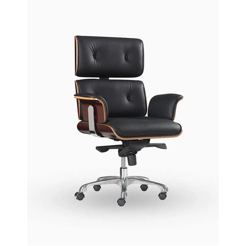 Classical EM High Back Office Chair, Black Premium Leather/ Walnut｜ DC Concept