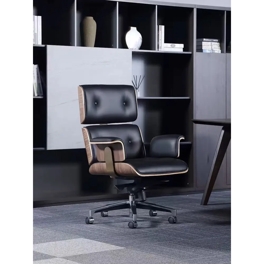 Modern E69 High Back Office Chair Black Premium Leather/ Walnut
