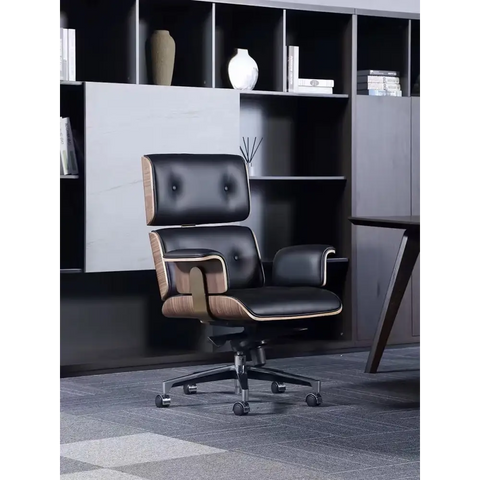 Modern E69 High Back Office Chair Black Premium Leather/ Walnut