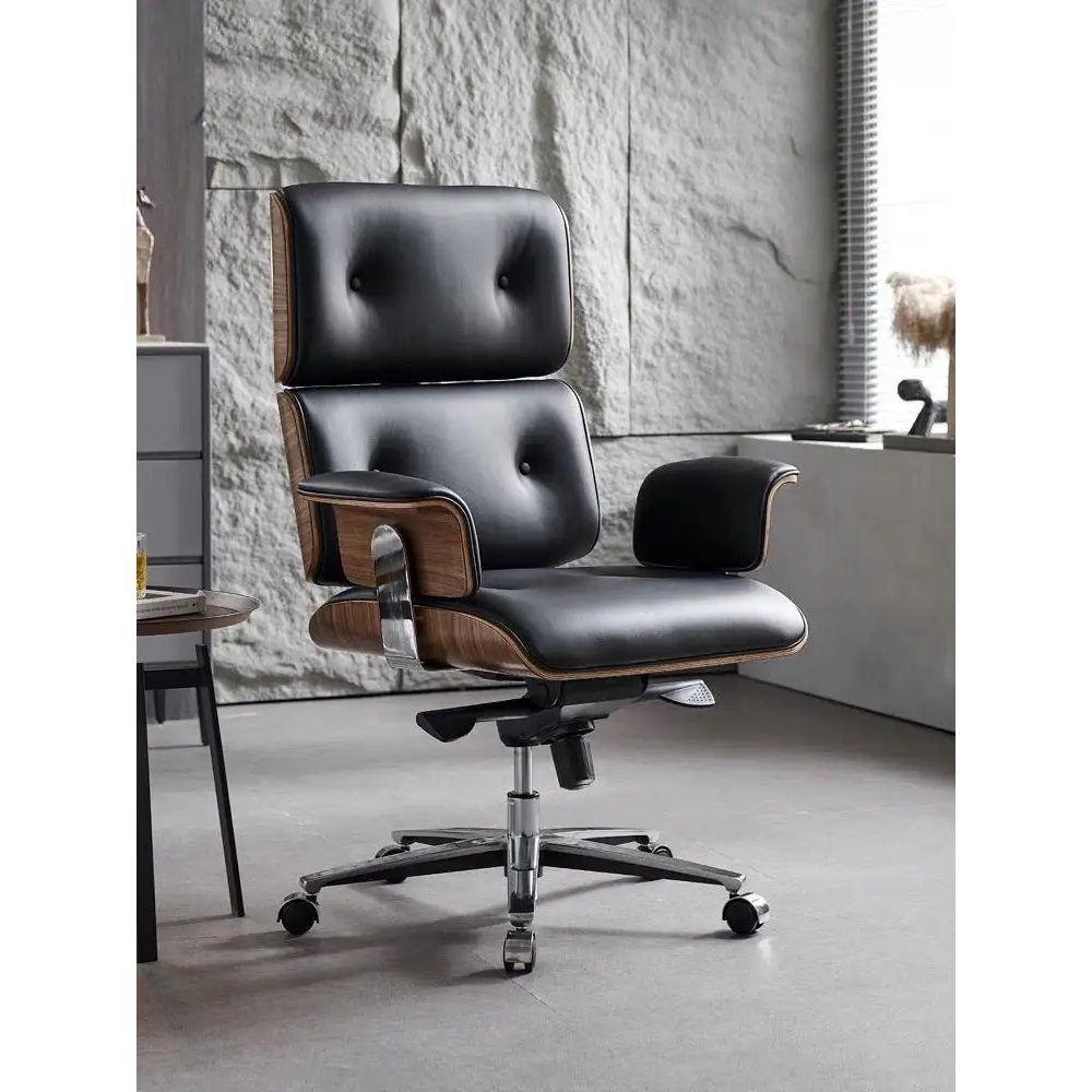 Modern E69 High Back Office Chair Black Premium Leather/ Walnut