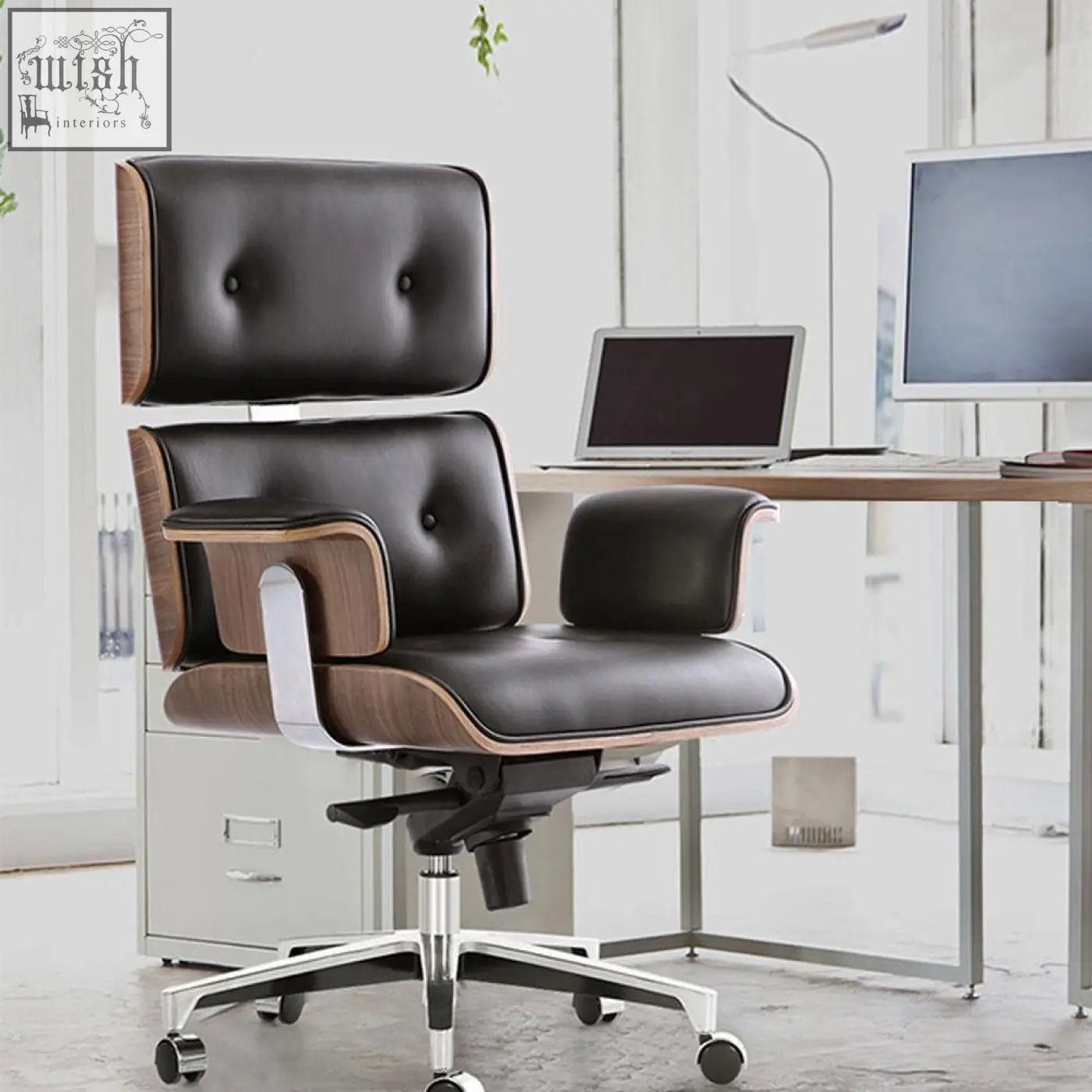 Modern e69 high back office chair in black premium leather with walnut wooden accents and chrome base for office use