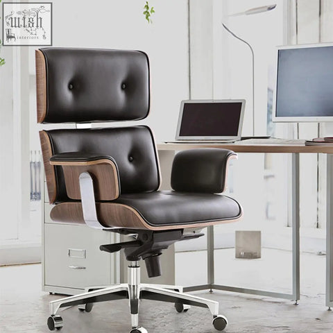Modern e69 high back office chair in black premium leather with walnut wooden accents and chrome base for office use