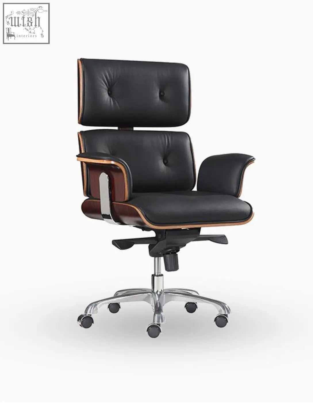 Modern e69 high back office chair in black premium leather with tufted upholstery and walnut wood trim chrome base