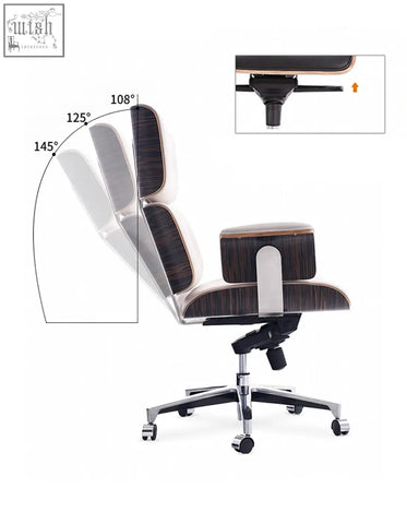 Modern e69 high back office chair in black premium leather with walnut wood grain and adjustable backrest angles