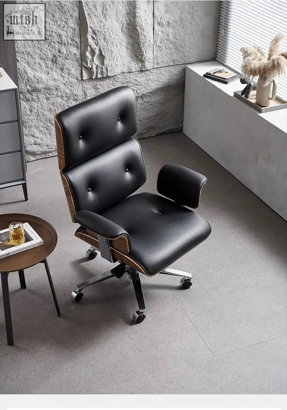 Modern e69 high back office chair in black premium leather with walnut wooden accents and chrome base