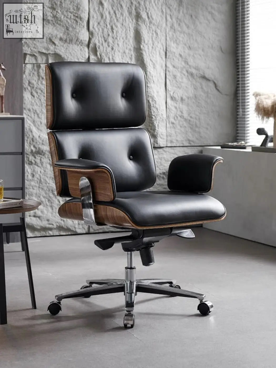Modern e69 high back office chair in black premium leather with walnut wooden accents and chrome base for comfort