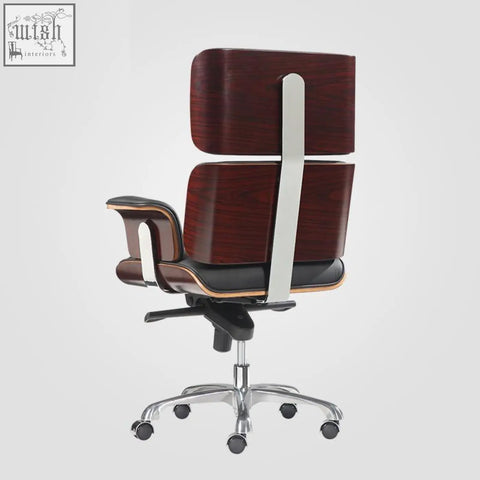 Elegant modern e69 high back office chair in black premium leather with dark wood accents and chrome base