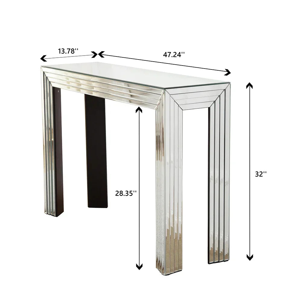 Modern glass top mirrored console table with silver mirrored finish and ribbed legs perfect for living room setup