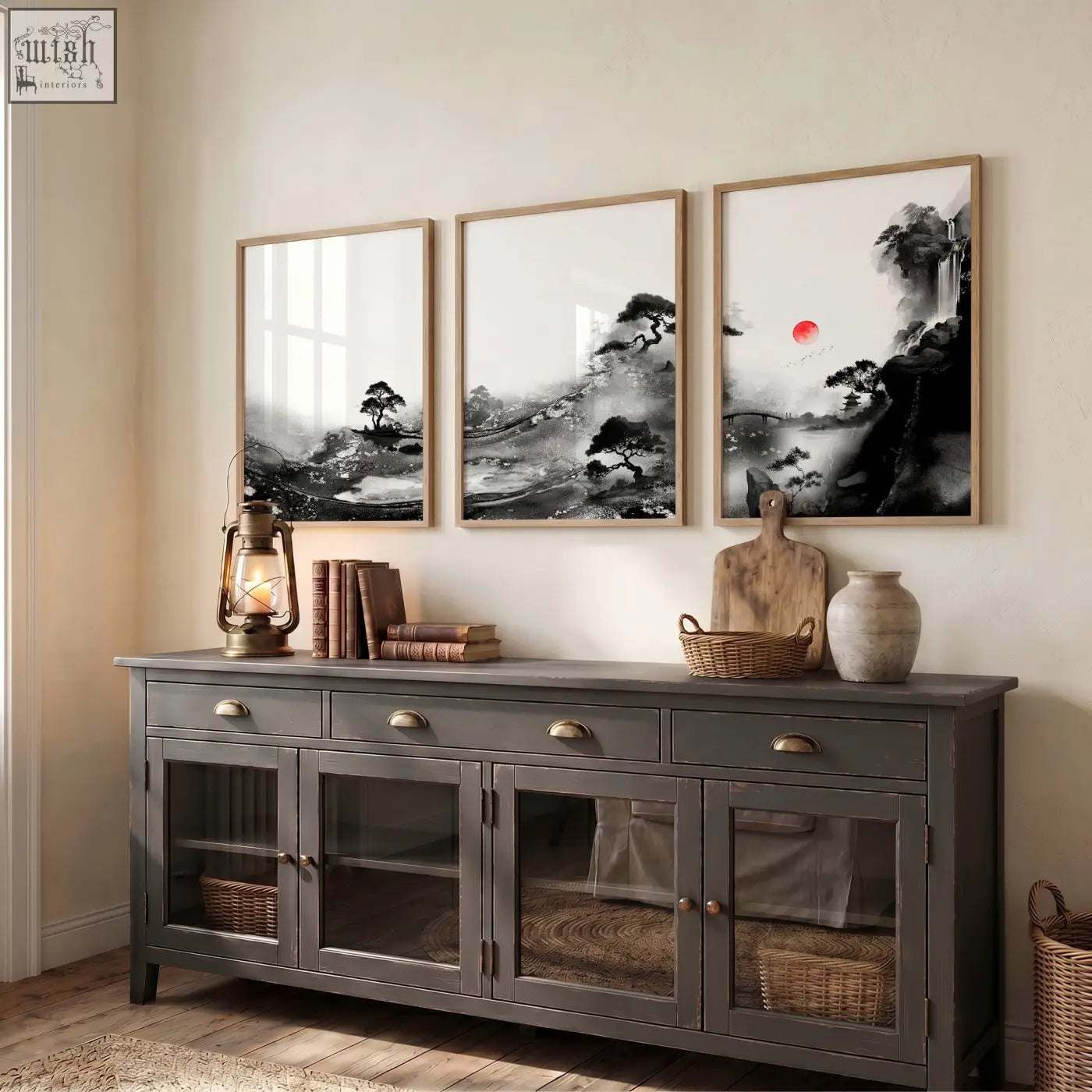 Dark gray wooden sideboard with glass-paneled doors and brass handles for displaying modern japanese art prints set