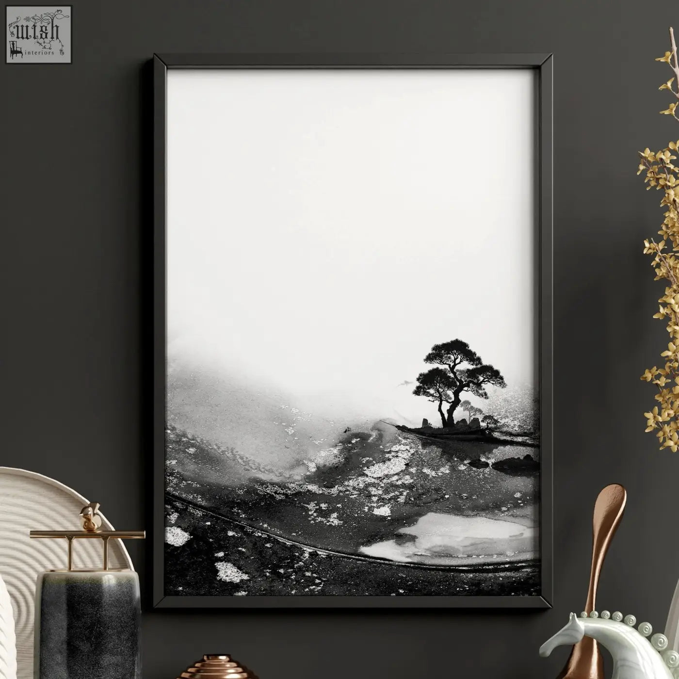 Black-framed modern japanese art print of a black and white solitary tree on misty terrain in ink landscape style