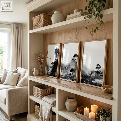 Three framed black and white ink wash modern japanese art prints of landscapes with red sun and pine trees on a rustic shelf