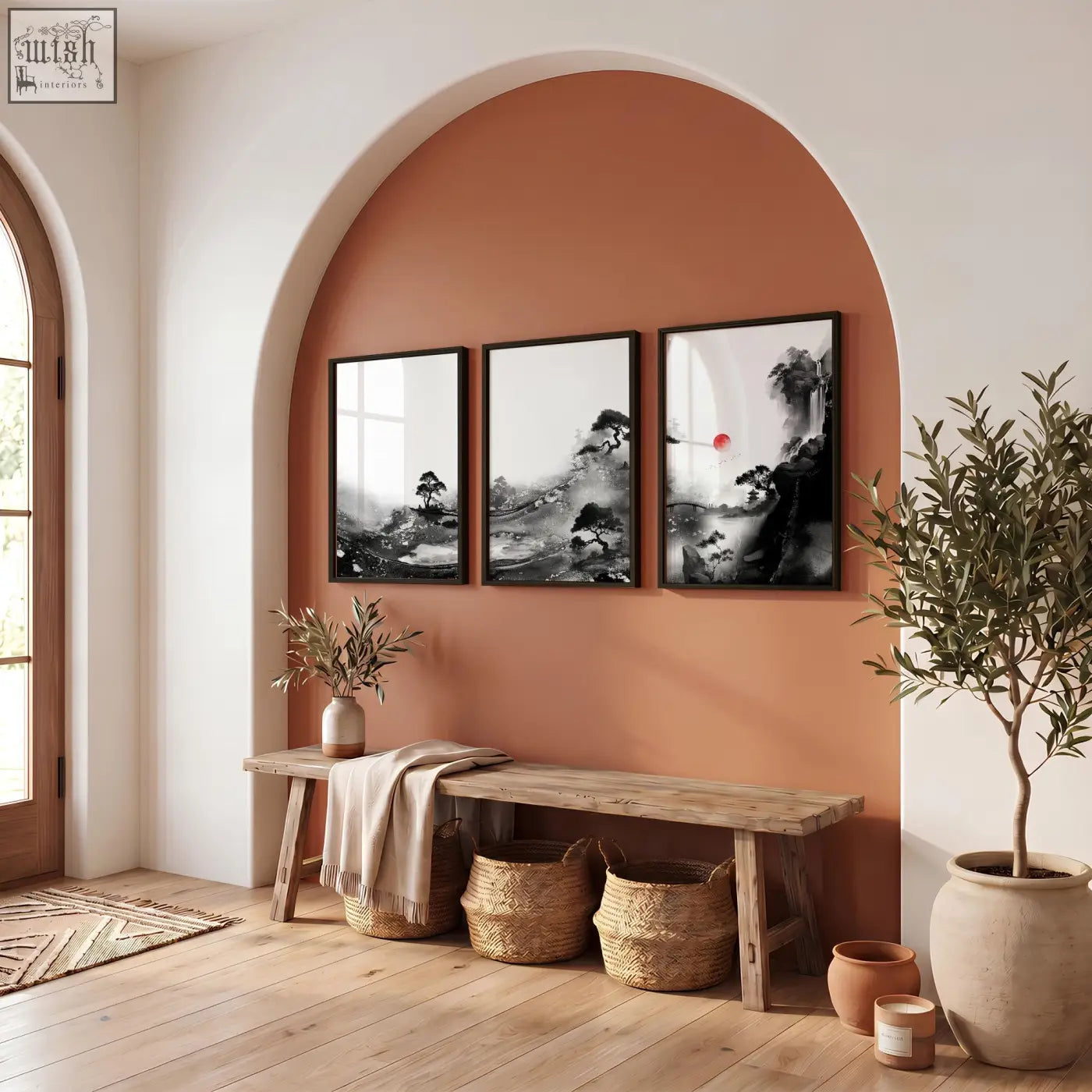Three framed black and white ink landscape art prints featuring modern japanese art with red sun and pine trees set of 3