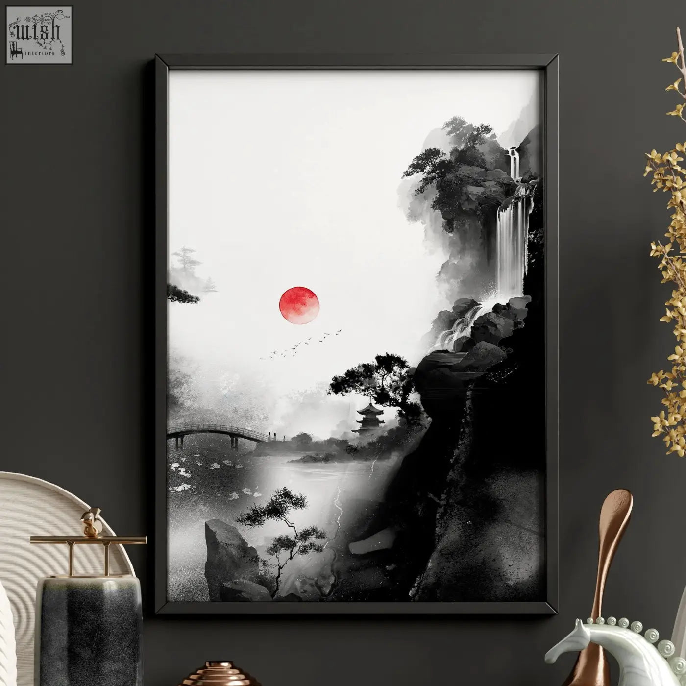 Black-framed modern japanese art prints featuring minimalist ink landscape with red sun pine trees and traditional architecture