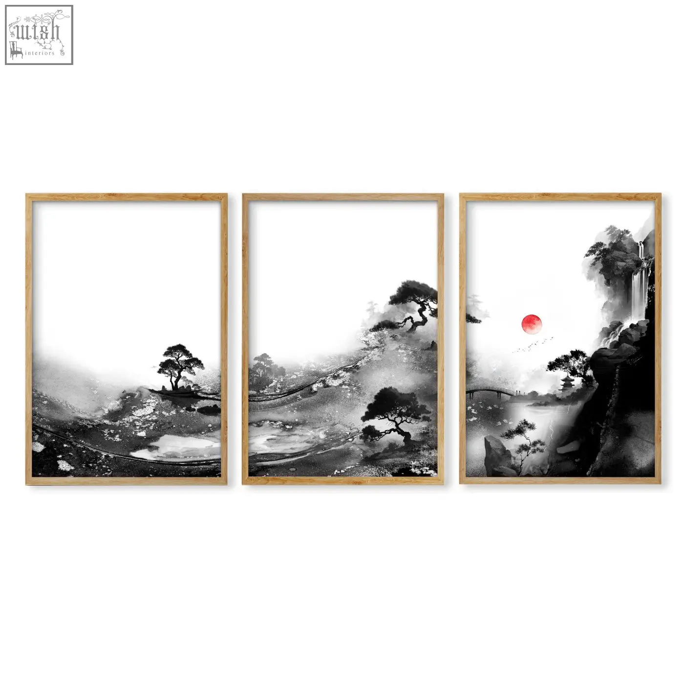 Set of three modern japanese art prints featuring black and white ink landscape with red sun in light wood frames