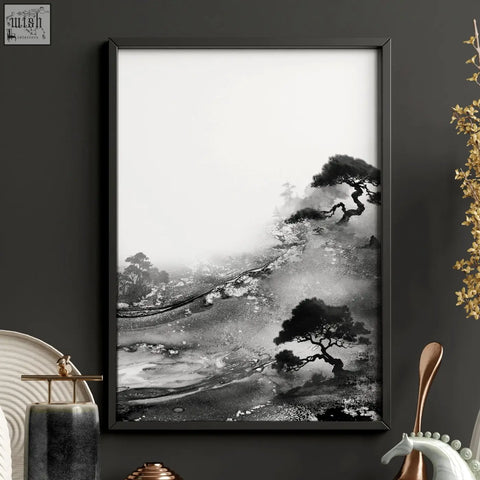 Black-framed modern japanese art prints featuring black-and-white ink landscape with stylized pine trees and misty terrain