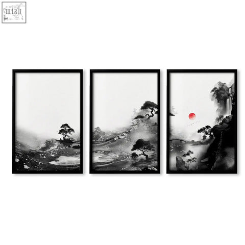 Set of three black-framed modern japanese art prints featuring ink wash landscapes with red sun and pine trees