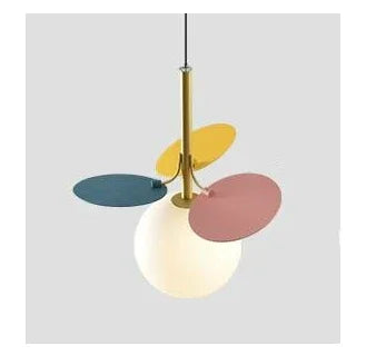 Pastel-colored disc pendant light with brass stem and frosted glass globe as a modern led chandeliers light source