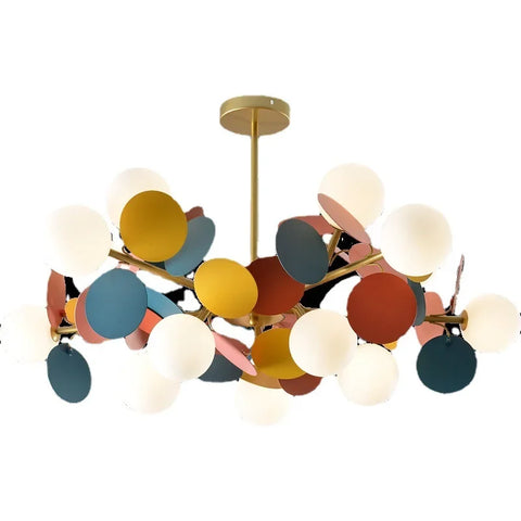 Modern led chandelier with gold metal frame and colorful glass shades as a stylish light source for luxury ceilings
