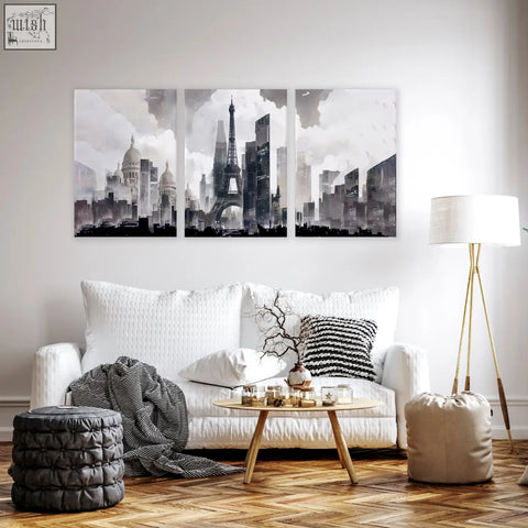 Black and white triptych canvas wall art featuring a stylized paris skyline perfect for modern living room decor