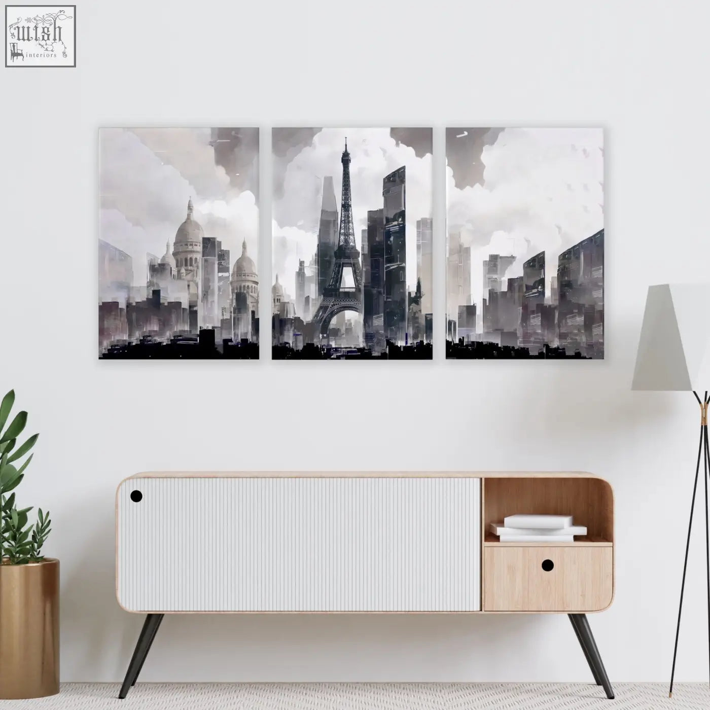 Three-panel black and white modern living room wall art featuring paris skyline with eiffel tower in grey tones