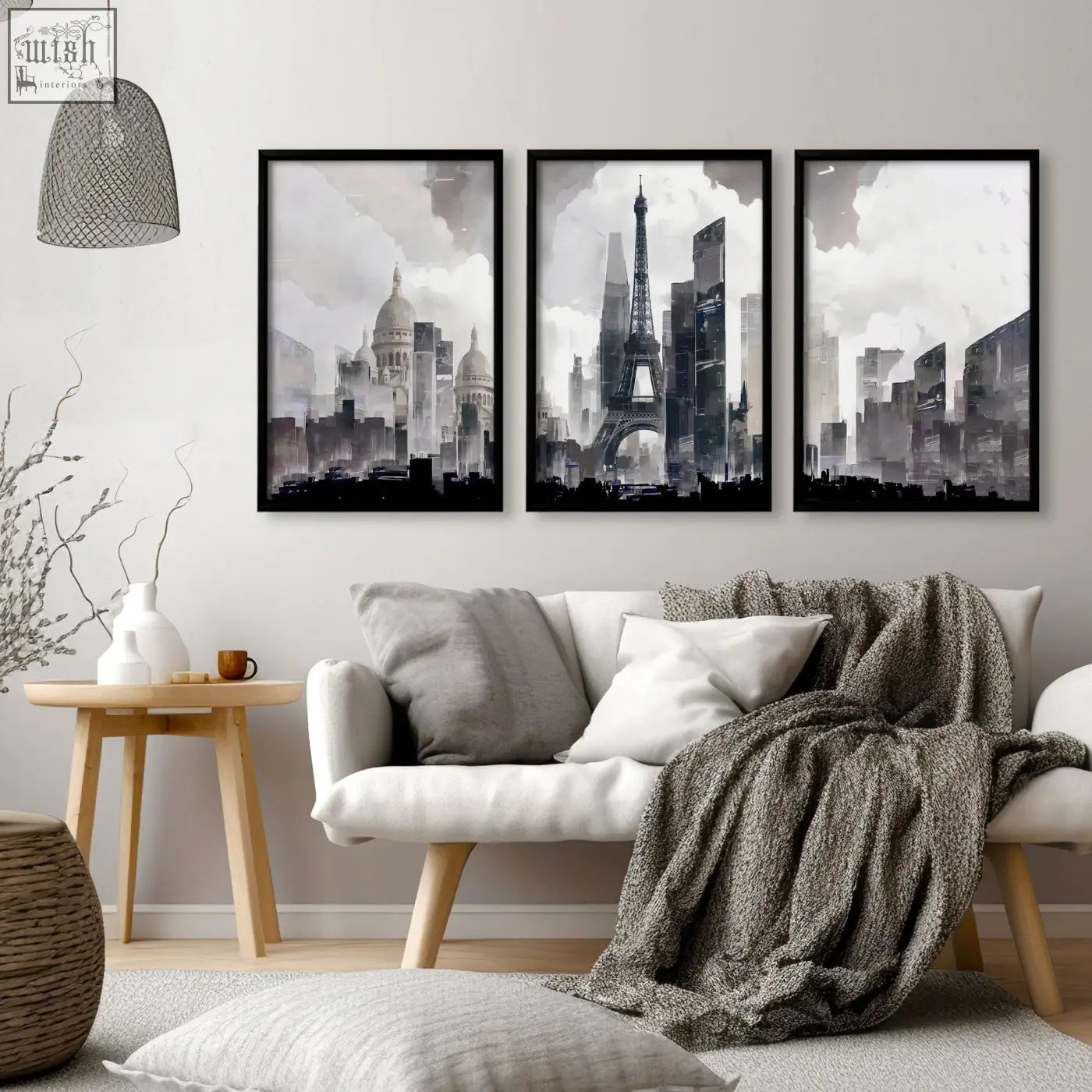 Three framed black and white paris skyline cityscape prints wall art perfect for modern living room decor