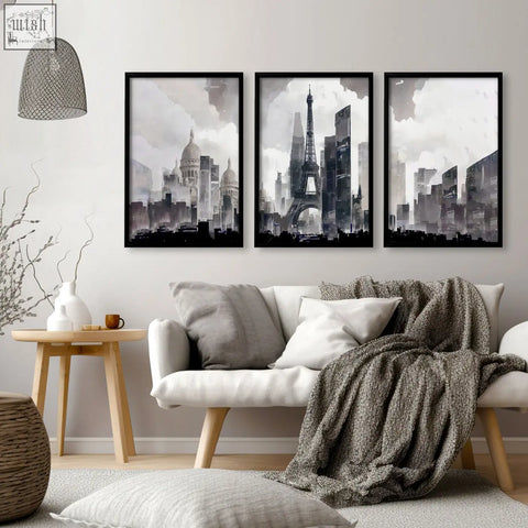 Three framed black and white paris skyline cityscape prints wall art perfect for modern living room decor