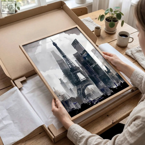 Framed black and white paris skyline wall art with eiffel tower in light wood frame perfect for modern living room decor