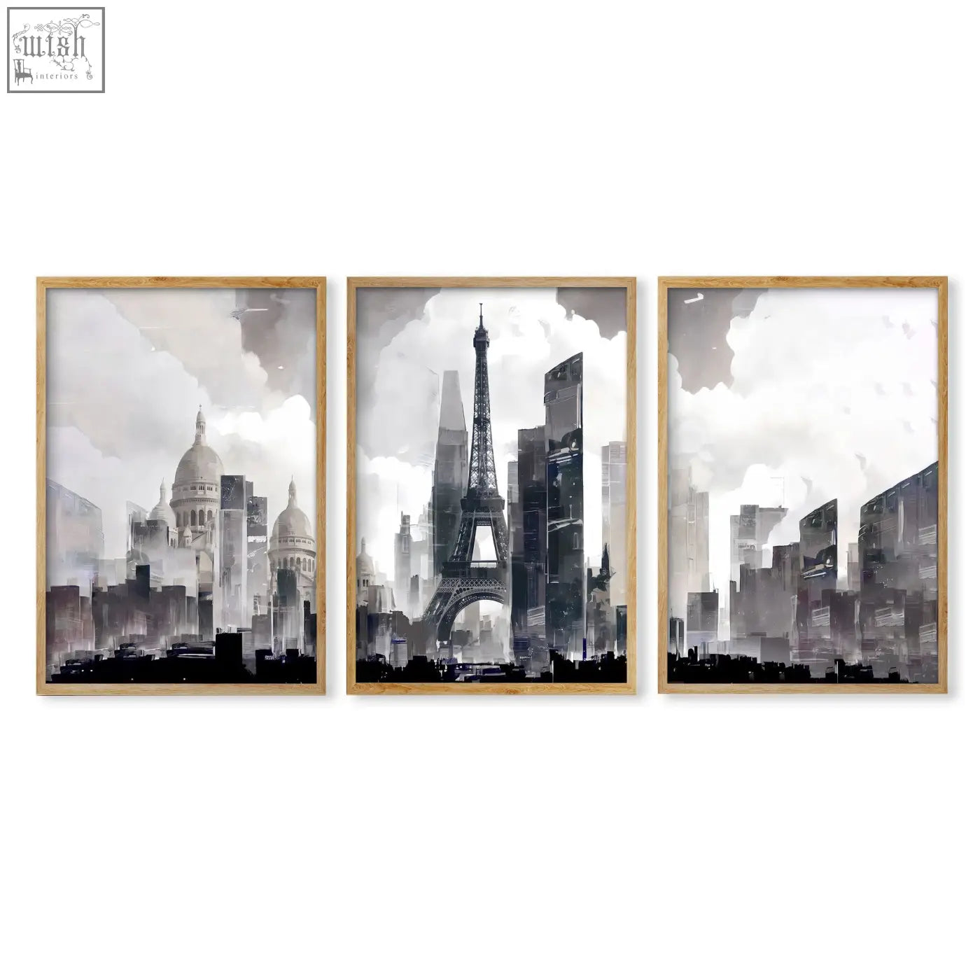 Set of three black and white paris cityscape wall art in light wood frames perfect for modern living room decor
