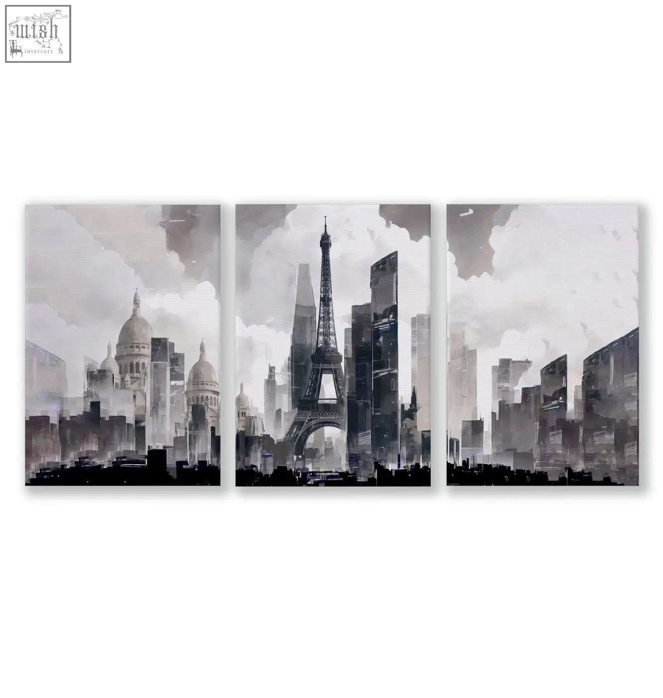 Black and white watercolor triptych canvas wall art of the eiffel tower for a modern living room decor