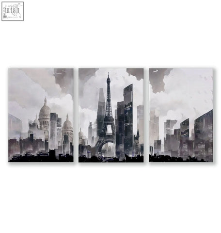 Black and white watercolor triptych canvas wall art of the eiffel tower for a modern living room decor