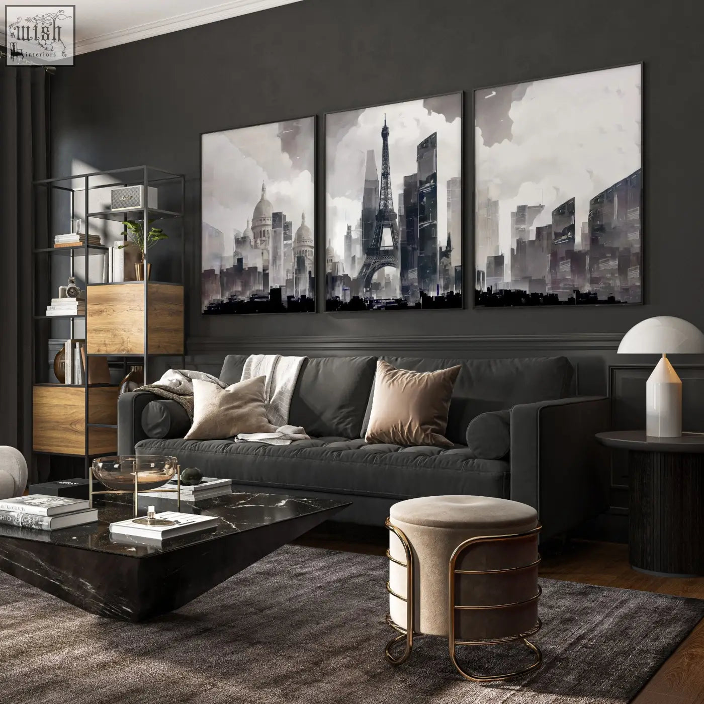 Black and white triptych living room wall art featuring the eiffel tower in a modern paris skyline design