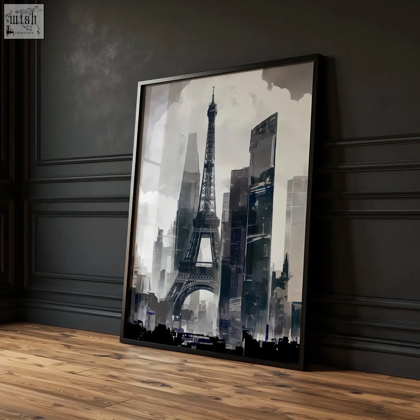 Black-framed living room wall art of the eiffel tower in a modern living room cityscape in grey monochrome tones