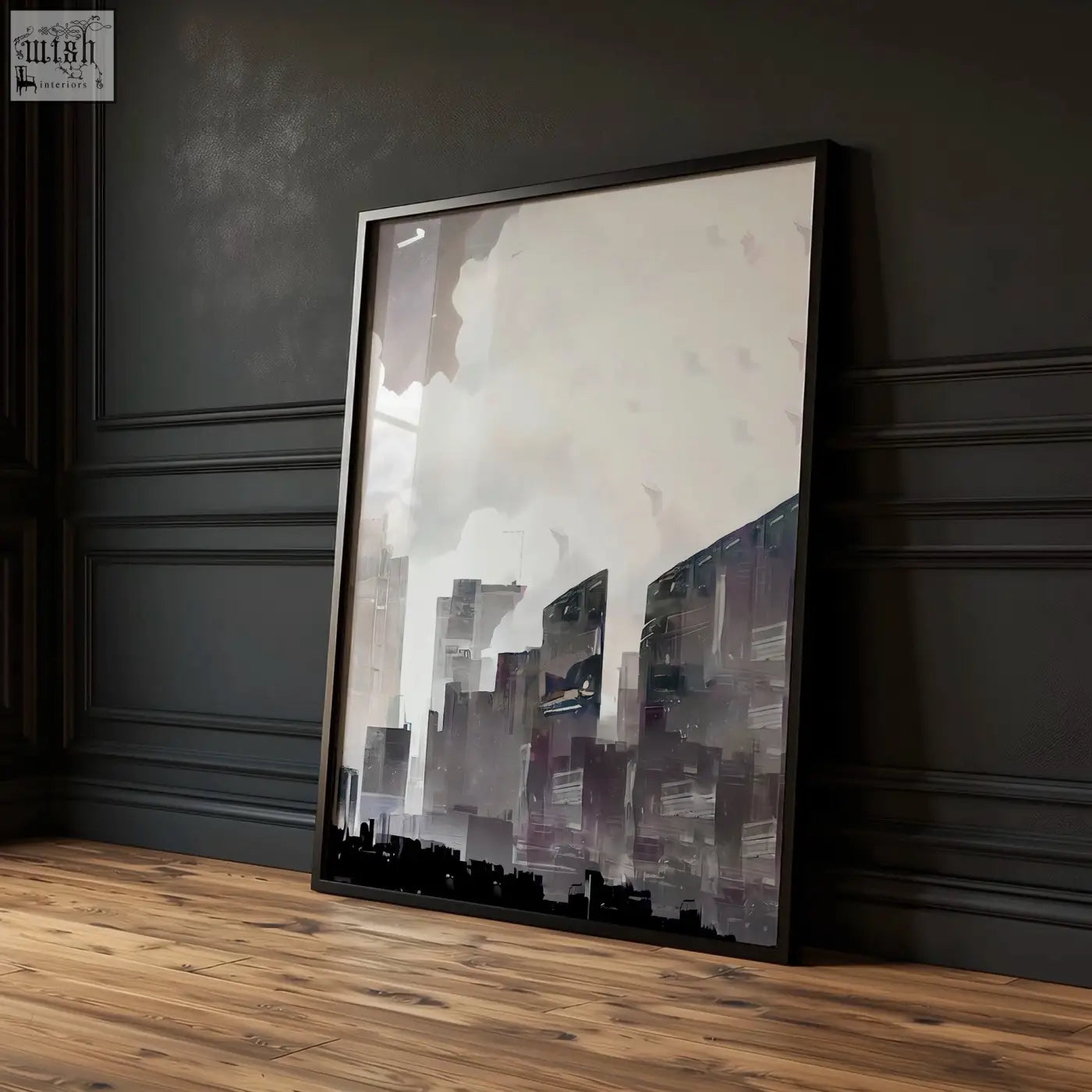 Black-framed modern living room wall art set of 3 abstract paris skyline cityscape in muted grays and purples on canvas