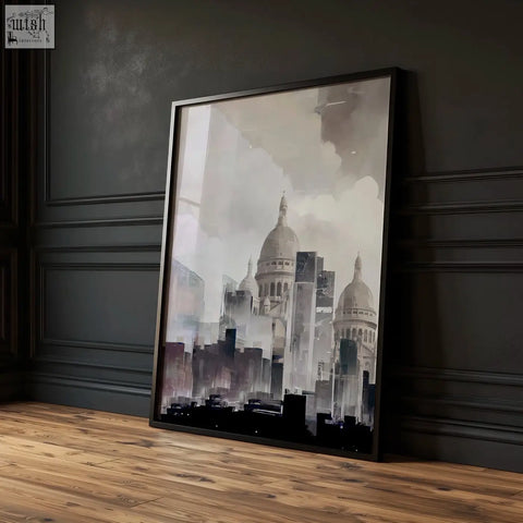 Black-framed modern living room wall art set of 3 featuring stylized grey paris skyline cityscape print