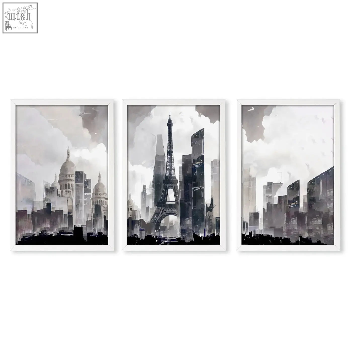 Set of three framed black and white paris skyline cityscape prints ideal modern living room wall art decor