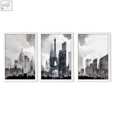 Set of three framed black and white paris skyline cityscape prints ideal modern living room wall art decor