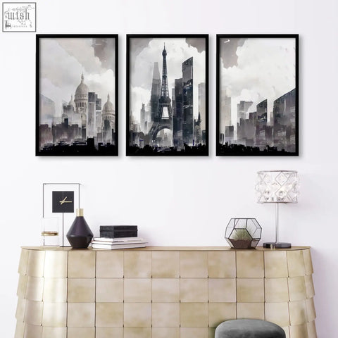 Set of three black-framed monochrome paris skyline wall art prints perfect for modern living room decor