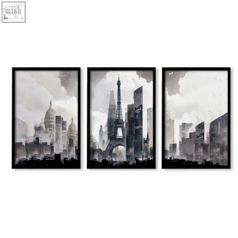 Set of three black-framed grey watercolor paris cityscape wall art prints perfect for modern living room decor