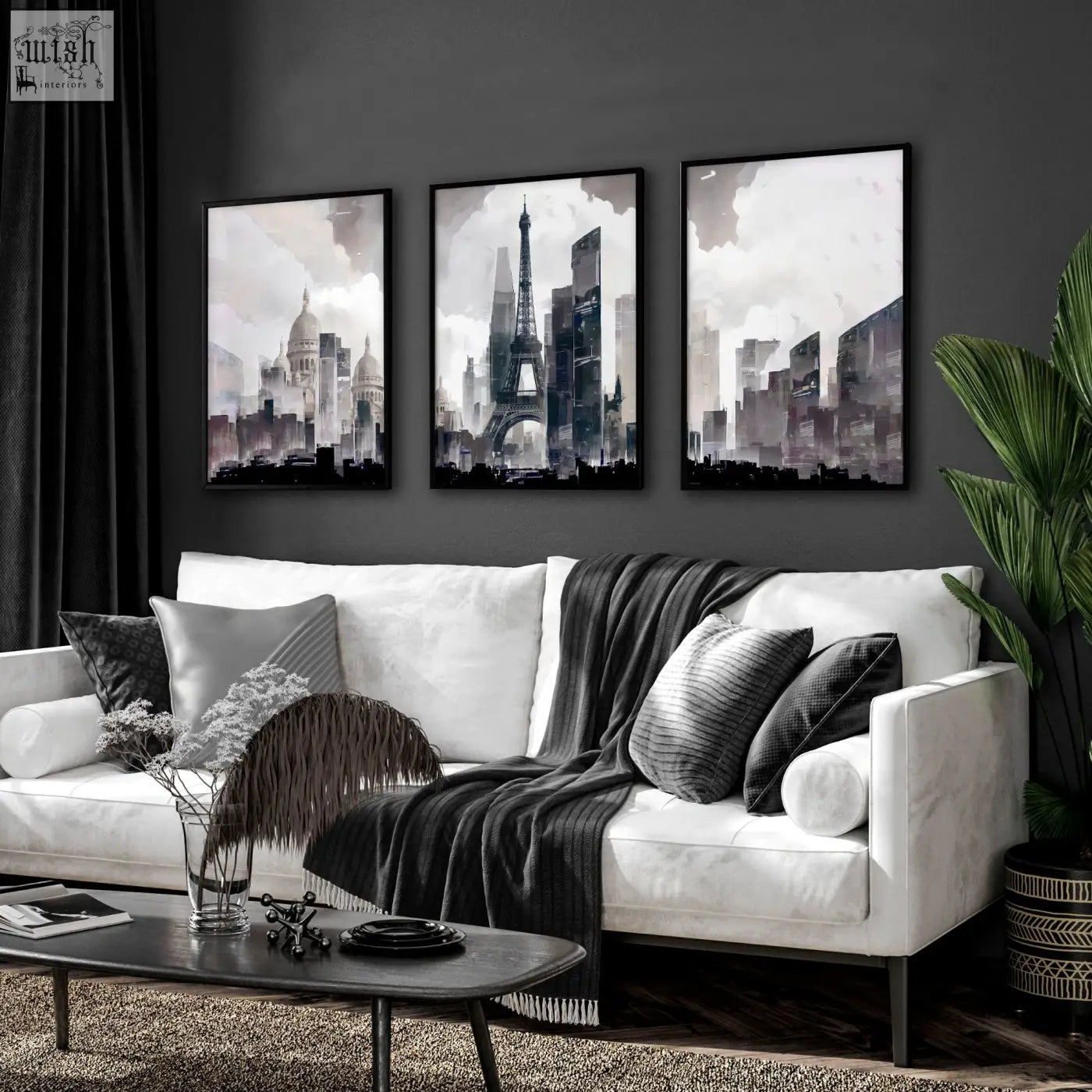 Three framed black and white paris skyline cityscape prints perfect modern living room wall art for your living room
