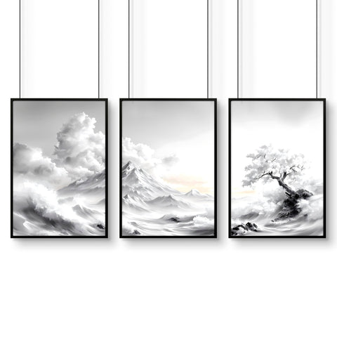 Modern Living Room Wall Decor | Set of 3 Asian Inspired Wall art Prints