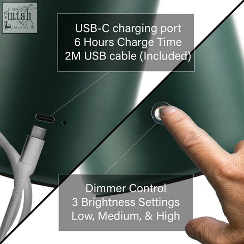 Dark green sleek rechargeable mushroom table lamp with usb-c port and touch dimmer for three brightness settings