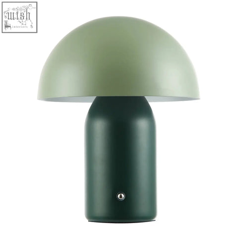 Modern rechargeable mushroom table lamp with touch dimmer in matte sage green dome and dark forest green base