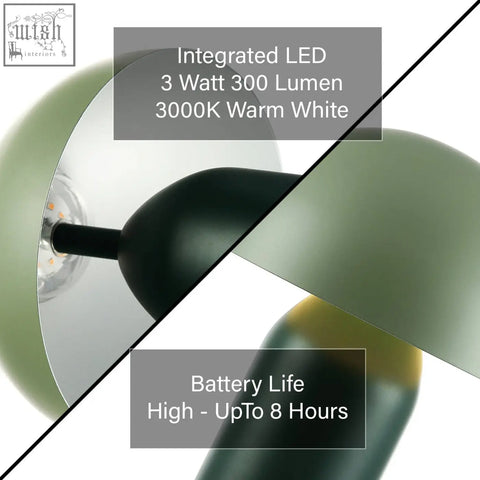Modern rechargeable mushroom table lamp with touch dimmer featuring matte olive green and black finish with led bulb