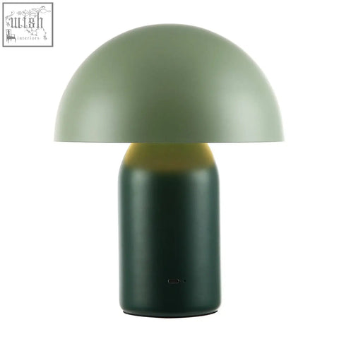 Modern rechargeable mushroom table lamp with a matte sage green dome, dark forest green base, and gold touch dimmer accent