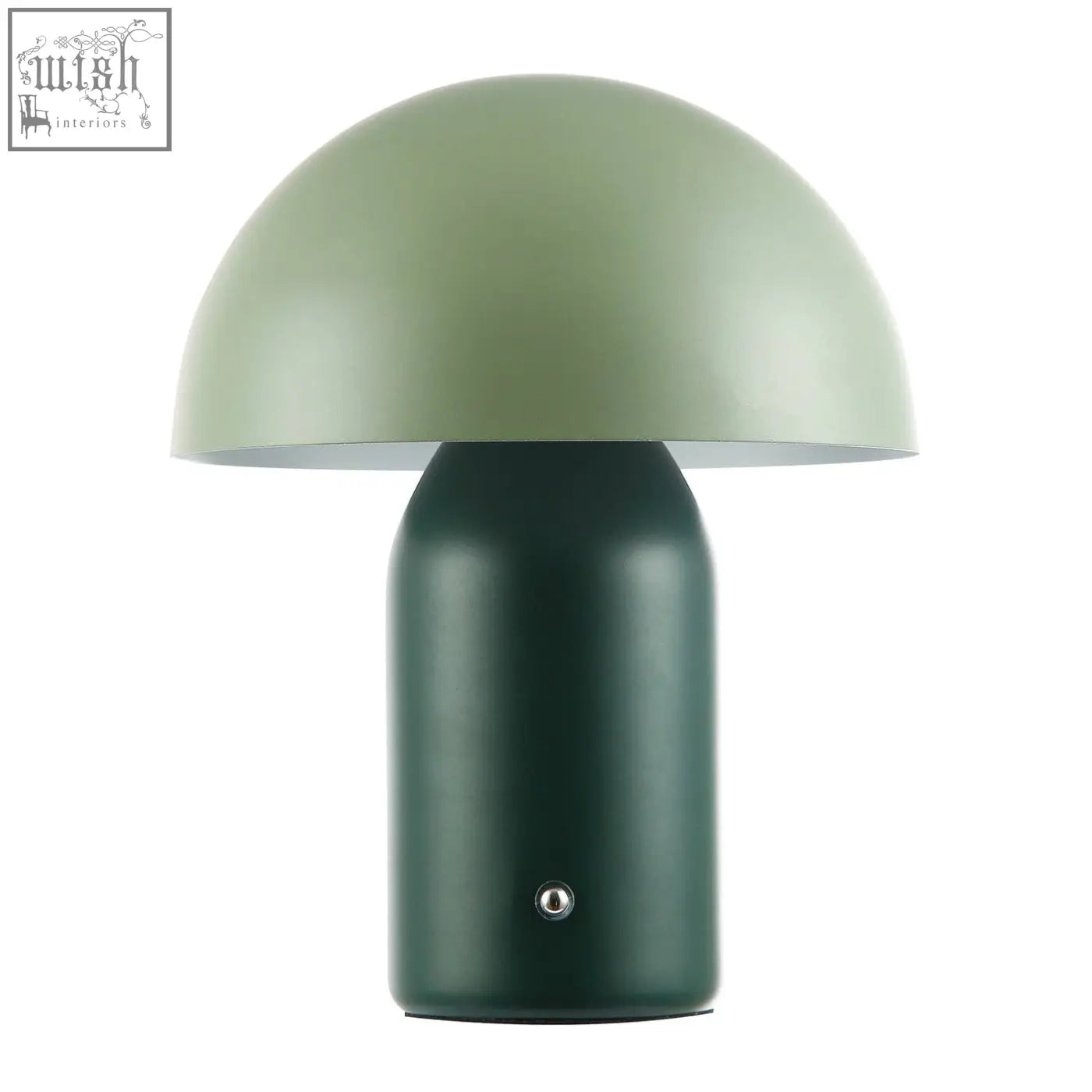 Modern rechargeable mushroom table lamp with touch dimmer featuring a matte sage green dome and dark forest green base