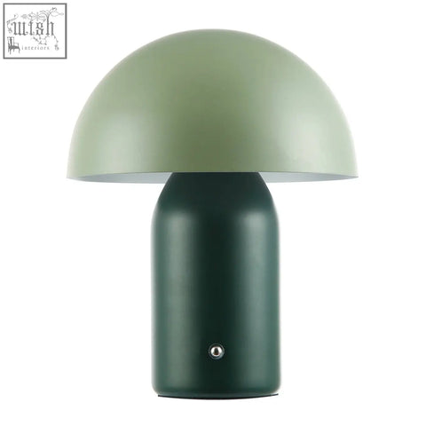 Modern rechargeable mushroom table lamp with touch dimmer featuring a matte sage green dome and dark forest green base