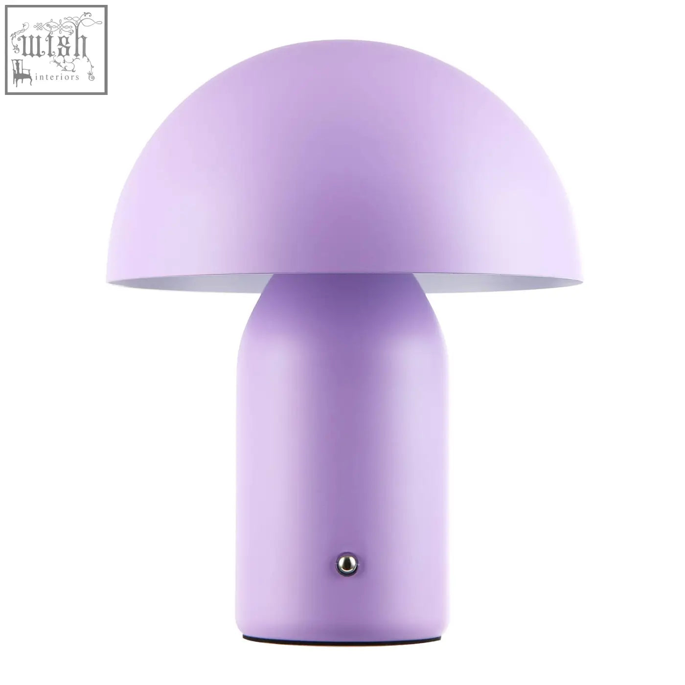 A sleek lavender mushroom table lamp with matte finish and metallic base accents featuring touch dimmer function