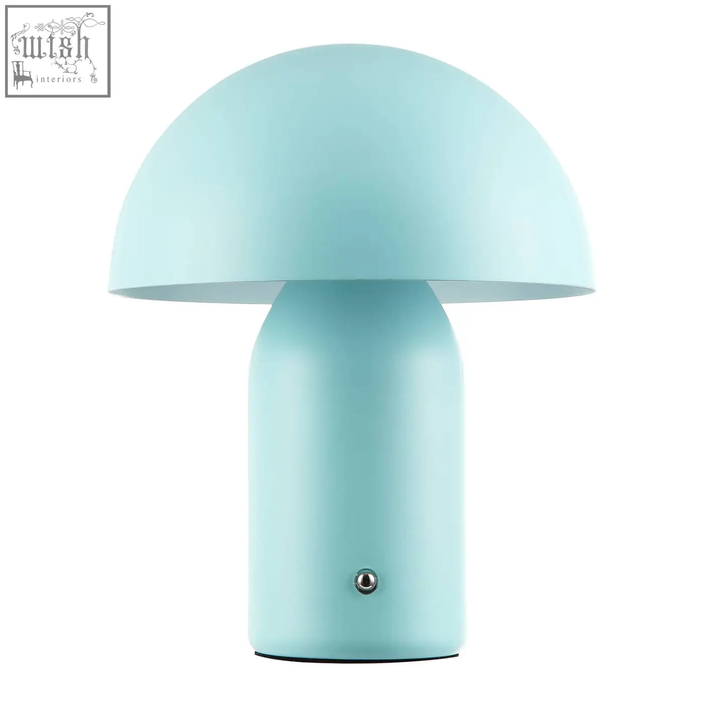 A sleek matte light blue mushroom table lamp with a smooth dome and cylindrical base featuring a touch dimmer