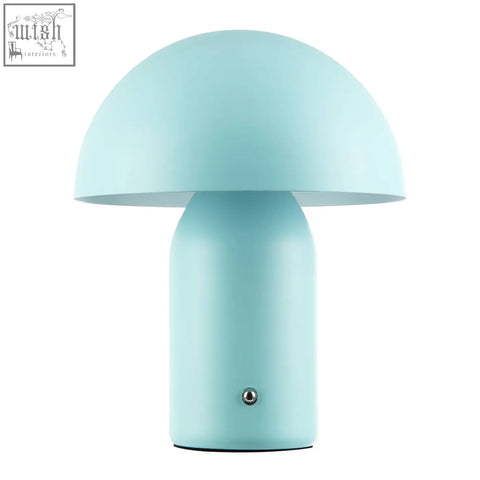 A sleek matte light blue mushroom table lamp with a smooth dome and cylindrical base featuring a touch dimmer