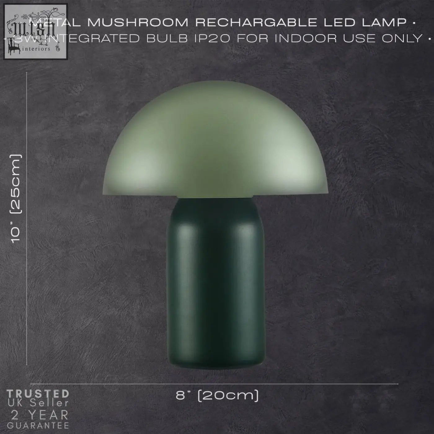 Modern rechargeable mushroom table lamp with touch dimmer featuring a matte metal base and sage green translucent dome
